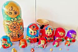 Vintage Russian Matryoshka Nesting Hand Painted Wooden Dolls Set of 15