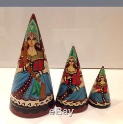 Vintage Russian Nesting Doll Cone- Shaped 3 Pcs From Yoshkar-Ola Signed H 6.5