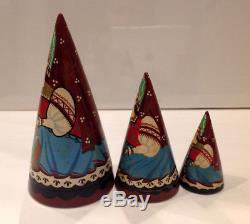Vintage Russian Nesting Doll Cone- Shaped 3 Pcs From Yoshkar-Ola Signed H 6.5