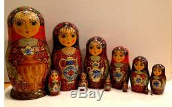 Vintage Russian Nesting Doll Fedoskino Style Gzhel Teapots 12 Pc 12.5 90-s