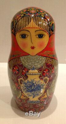 Vintage Russian Nesting Doll Fedoskino Style Gzhel Teapots 12 Pc 12.5 90-s