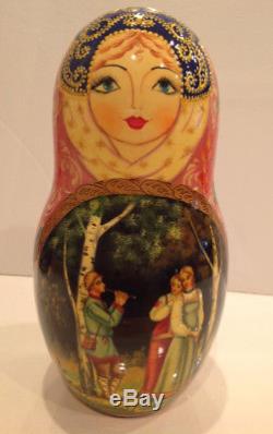 Vintage Russian Nesting Doll Fedoskino Style Russian Fairy Tale 10pc 10