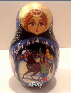Vintage Russian Nesting Doll Fedoskino Style Russian Winter 15pc 10signed