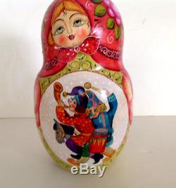 Vintage Russian Nesting Doll Fedoskino Style Street Musicians 10pc 9.5signed