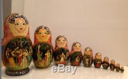 Vintage Russian Nesting Doll Fedoskino Style Villagers 10pc 10