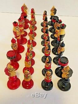 Vintage Russian Nesting Doll Matryoshka Babushka Style Chess Set Pieces Wooden