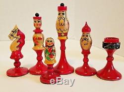 Vintage Russian Nesting Doll Matryoshka Babushka Style Chess Set Pieces Wooden