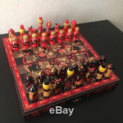 Vintage Russian Nesting Doll Matryoshka Chess Set with Board Persian Handmade
