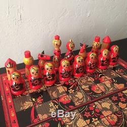 Vintage Russian Nesting Doll Matryoshka Chess Set with Board Persian Handmade
