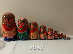 Vintage Russian Nesting Dolls 10 Pcs Signed Hand Painted Dancers Matryoshka