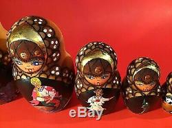 Vintage Russian Nesting Dolls 10 Piece Painted Scenes Gold Accent 9 1/4h By 5w