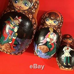 Vintage Russian Nesting Dolls 10 Piece Painted Scenes Gold Accent 9 1/4h By 5w