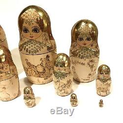 Vintage Russian Nesting Dolls 9 Pieces Wood Burned Signed Painted Matryoshka