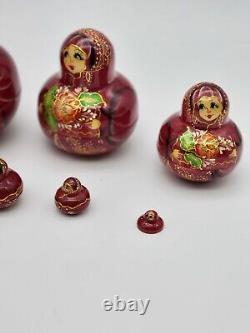 Vintage Russian Nesting Dolls Matryoshka Babushka Hand Made Set 9pc. Girls 5.5