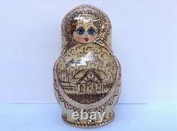 Vintage Russian Nesting Dolls Matryoshka Wood Burned, Gold Architectural Motif