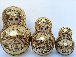 Vintage Russian Nesting Dolls Matryoshka Wood Burned, Gold Architectural Motif
