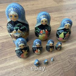 Vintage Russian Nesting Dolls Winter Scene 10 Piece Signed Hand Painted Horses