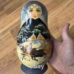 Vintage Russian Nesting Dolls Winter Scene 10 Piece Signed Hand Painted Horses