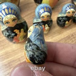 Vintage Russian Nesting Dolls Winter Scene 10 Piece Signed Hand Painted Horses