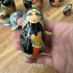 Vintage Russian Nesting Dolls Winter Scene 10 Piece Signed Hand Painted Horses