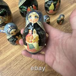 Vintage Russian Nesting Dolls Winter Scene 10 Piece Signed Hand Painted Horses