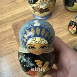 Vintage Russian Nesting Dolls Winter Scene 10 Piece Signed Hand Painted Horses