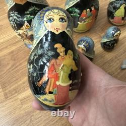 Vintage Russian Nesting Dolls Winter Scene 10 Piece Signed Hand Painted Horses