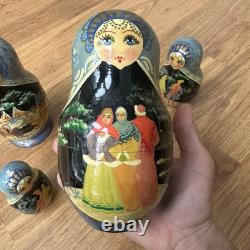 Vintage Russian Nesting Dolls Winter Scene 10 Piece Signed Hand Painted Horses