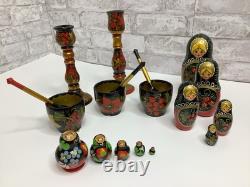 Vintage Russian Nesting Dolls Wooden Hand Painted Bowls Spoons 18 Piece Lot Rare