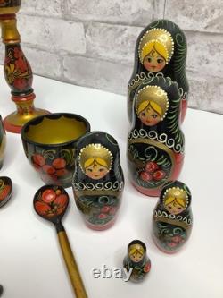 Vintage Russian Nesting Dolls Wooden Hand Painted Bowls Spoons 18 Piece Lot Rare