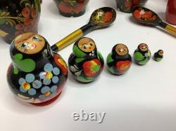 Vintage Russian Nesting Dolls Wooden Hand Painted Bowls Spoons 18 Piece Lot Rare