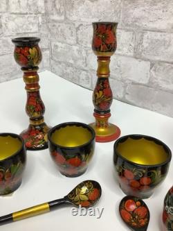 Vintage Russian Nesting Dolls Wooden Hand Painted Bowls Spoons 18 Piece Lot Rare