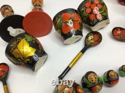 Vintage Russian Nesting Dolls Wooden Hand Painted Bowls Spoons 18 Piece Lot Rare Vintage Russian Nesting Dolls Wooden Hand Painted Bowls Spoons 18 Piece Lot Rare