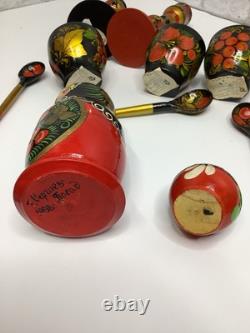 Vintage Russian Nesting Dolls Wooden Hand Painted Bowls Spoons 18 Piece Lot Rare