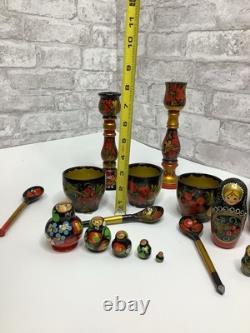 Vintage Russian Nesting Dolls Wooden Hand Painted Bowls Spoons 18 Piece Lot Rare