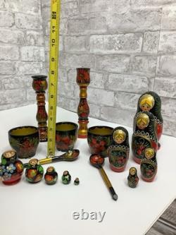 Vintage Russian Nesting Dolls Wooden Hand Painted Bowls Spoons 18 Piece Lot Rare