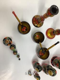 Vintage Russian Nesting Dolls Wooden Hand Painted Bowls Spoons 18 Piece Lot Rare