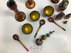 Vintage Russian Nesting Dolls Wooden Hand Painted Bowls Spoons 18 Piece Lot Rare