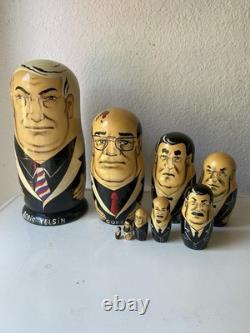 Vintage Russian Nesting Political Matryoshka Hand Painted Set, 9 Dolls