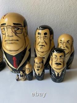 Vintage Russian Nesting Political Matryoshka Hand Painted Set, 9 Dolls
