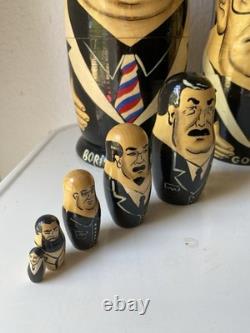 Vintage Russian Nesting Political Matryoshka Hand Painted Set, 9 Dolls