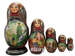 Vintage Russian Red Nesting Dolls Exquisite Hand Painted Signed Set of 5