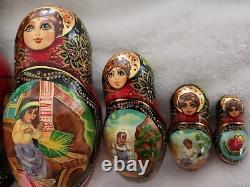 Vintage Russian Red Nesting Dolls Exquisite Hand Painted Signed Set of 5