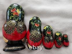 Vintage Russian Red Nesting Dolls Exquisite Hand Painted Signed Set of 5