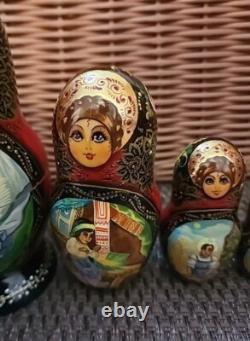 Vintage Russian Red Nesting Dolls Exquisite Hand Painted Signed Set of 5