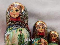 Vintage Russian Red Nesting Dolls Exquisite Hand Painted Signed Set of 5