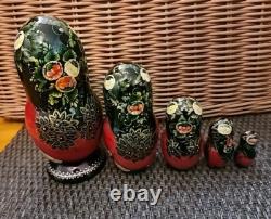 Vintage Russian Red Nesting Dolls Exquisite Hand Painted Signed Set of 5