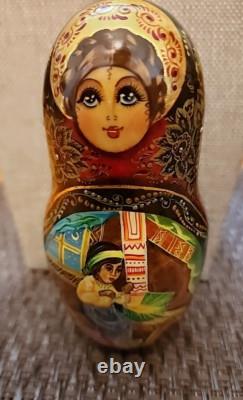 Vintage Russian Red Nesting Dolls Exquisite Hand Painted Signed Set of 5