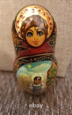 Vintage Russian Red Nesting Dolls Exquisite Hand Painted Signed Set of 5