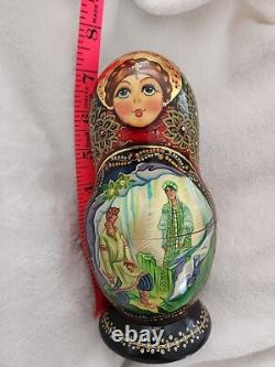 Vintage Russian Red Nesting Dolls Exquisite Hand Painted Signed Set of 5